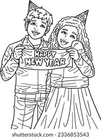 Children Holding New Year Banner Isolated Adults 