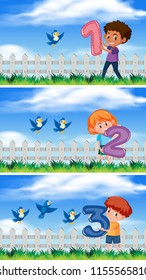 Children holding number scenes illustration