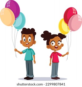 
Children Holding Party Balloons Vector Cartoon Illustration. Happy friends celebrating at one anniversary event 
