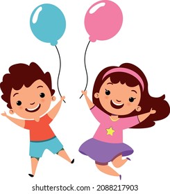 children holding pink and blue balloons