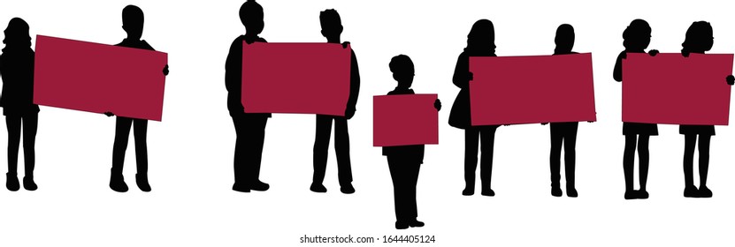 children holding placard, silhouette vector
