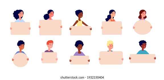 Children holding placards. Kid banner, fun kids hold empty diverse posters. School friends with boards, girl boy and cards utter vector set