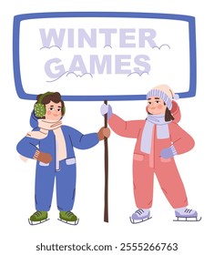 Children holding a poster. A boy and a girl are skating. Friends in winter overalls stand nearby.  Flat vector illustration, eps10