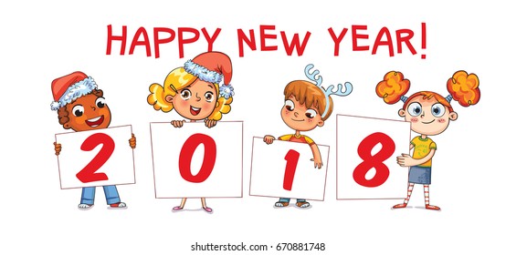 Children holding a poster with the signature 2018. Merry Christmas and Happy New Year 2018. Funny cartoon character. Vector illustration. Isolated on white background