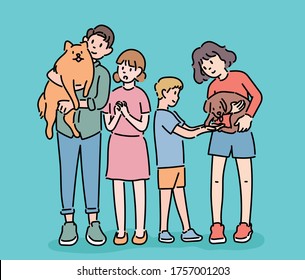 The children are holding the puppy. hand drawn style vector design illustrations. 