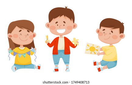 Children Holding Scissors and Doing Paper Craft Vector Illustrations Set