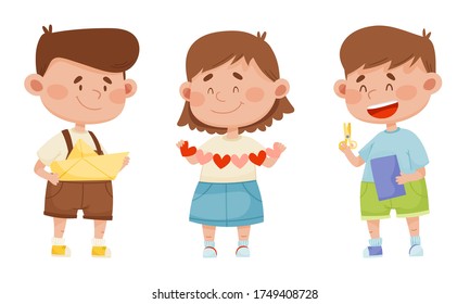 Children Holding Scissors and Doing Paper Craft Vector Illustrations Set
