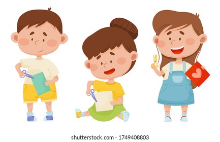 Children Holding Scissors and Doing Paper Craft Vector Illustrations Set