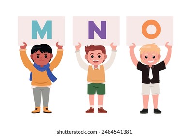 Children holding signs with alphabet M N O cartoon image