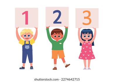 Children holding signs with number 1 to 3 cartoon vector