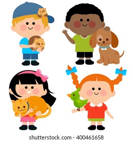 Ilustración vectorial de los niños con sus mascotas: un gato, un perro, un hámster y un pájaro  