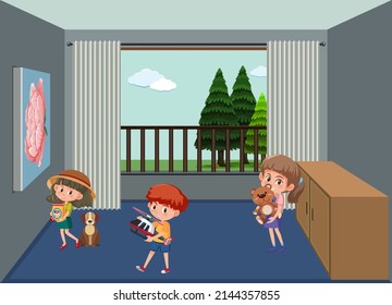 Children holding their toys in the room scene illustration