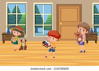Children holding their toys in the room illustration