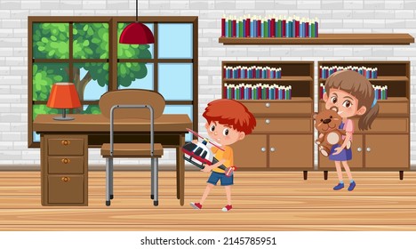 Children holding their toys in the room scene illustration