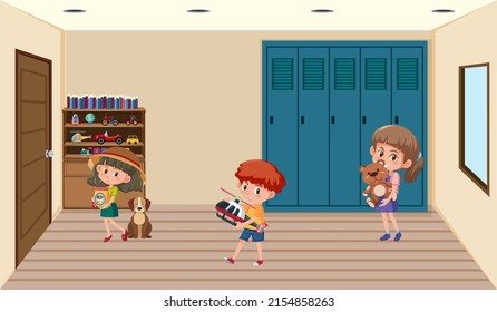 Children holding their toys in the room scene illustration