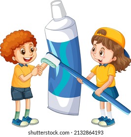 Niños con pasta de dientes y cepillo de dientes en ilustración de fondo blanco