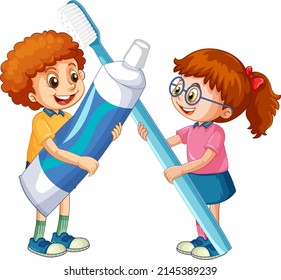 Children holding toothpaste and toothbrush on white background illustration