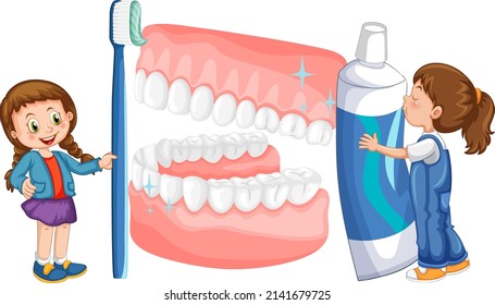 Children holding toothpaste and toothbrush with whiten teeth on white background illustration