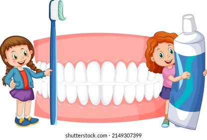 Niños sujetando pasta de dientes y cepillo de dientes con dientes blanquecinos en ilustración de fondo blanco