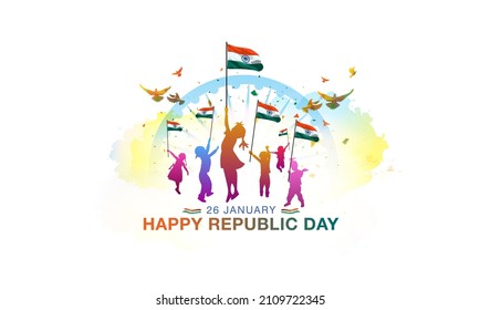 Children holding tricolor indian flag and saluting celebrating Republic day of India 26 January background