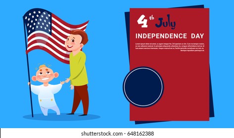 Children Holding United States Flag, Independence Day Holiday,  4 July Banner Greeting Card, Flat Vector Illustration
