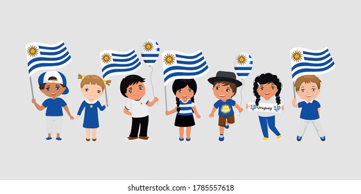 Children holding Uruguayan flags. Modern design template for greeting card, ad, promotion, poster, flyer, blog, article, social media Vector illustration