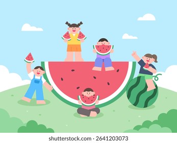 Children holding watermelon on the grass and smiling happily while eating watermelon.