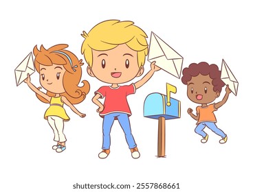 Children holding white envelope, mailbox, letter, hand drawn, vector illustration