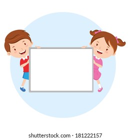 Children holding whiteboard. Presentation.