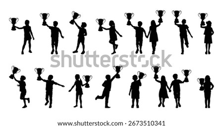 Children holding winning trophy different poses isolated silhouette set on white background. Silhouette set of kids with trophy cup different positions isolated flat vector graphic.	