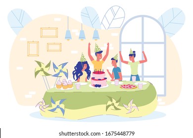 Children Holiday. Birthday Party Celebration at Home. Happy Boys Girls Wearing Festive Hats Sitting at Table in Living Room. Cheerful Kids Eating Sweets and Giving Congratulations. Vector Illustration