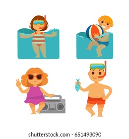 Children holiday vacations at beach vector flat icons set