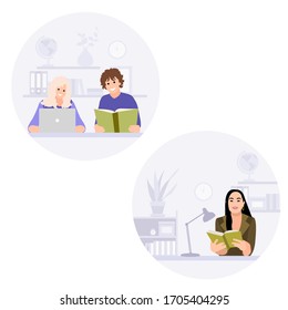 Children at home getting education. Kids reading book. Girl with laptop . Online distance studying. Freelance or studying concept. Vector illustration in flat style