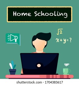 Children at home getting education. Home schooling, home education plan, homeschooling online tutor concept. Green vector isolated illustration