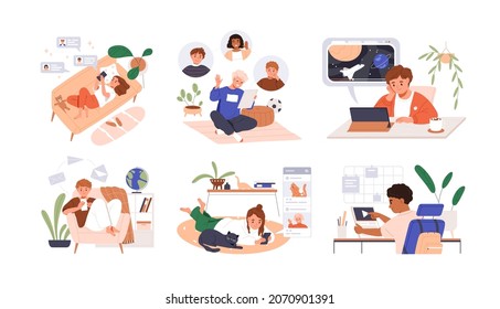 Children at home with phones and tablets set. Kids studying online, surfing social media, playing game, chatting by video call and use internet. Flat vector illustrations isolated on white background