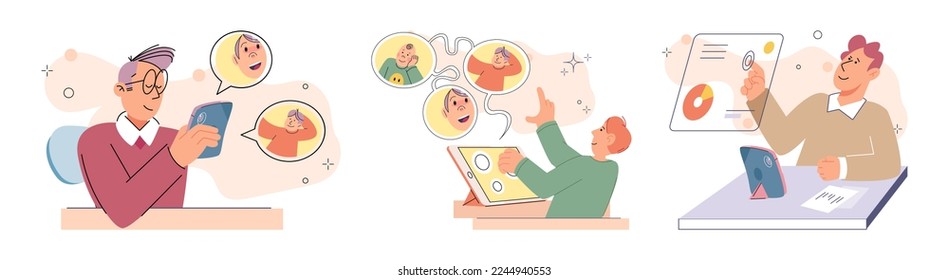 Children at home with phones and tablets set. Kids remote education, toddlers use smart technologies. Kids studying online, surfing social media, playing game, chatting by video call and use internet