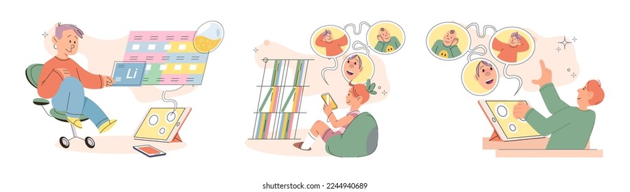 Children at home with phones and tablets set. Kids, toddlers use smart technologies lying in bed before going to sleep. Kids surfing social media, playing game, chatting by video call and use internet