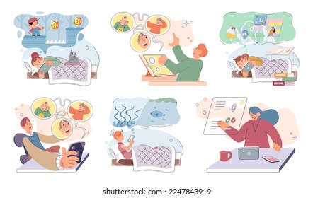 Children at home with phones and tablets set. Kids, toddlers use smart technologies lying in bed before going to sleep. Kids surfing social media, playing game, chatting by video call and use internet