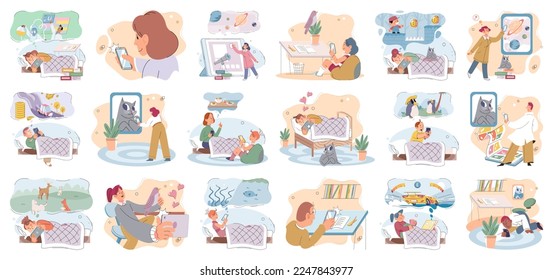 Children at home with phones and tablets set. Kids remote education, toddlers use smart technologies. Kids studying online, surfing social media, playing game, chatting by video call and use internet
