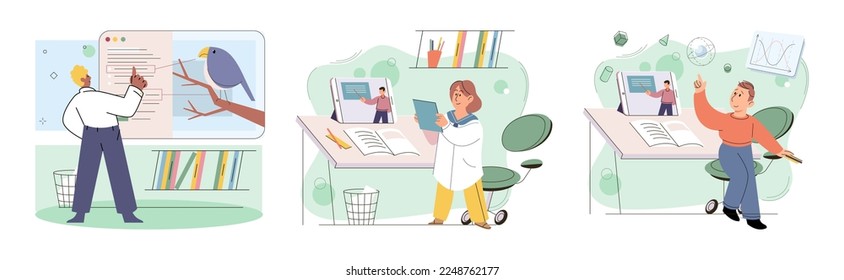 Children at home with phones and tablets set. Kids remote education, toddlers use smart technologies. Kids studying online, surfing social media, playing game, chatting by video call and use internet