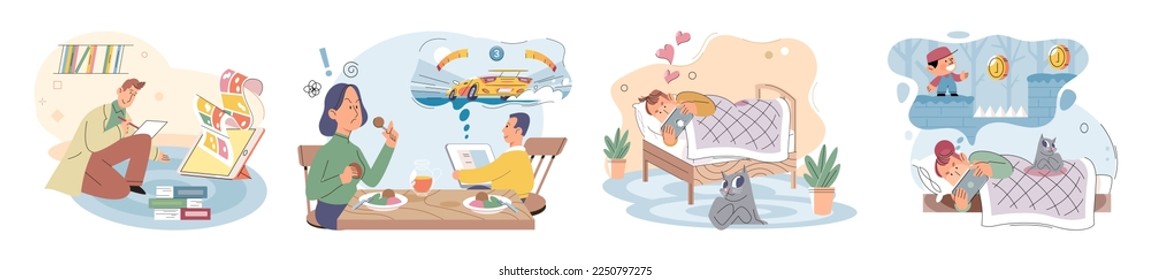 Children at home with phones and tablets set. Kids remote education, toddlers use smart technologies. Kids studying online, surfing social media, playing game, chatting by video call and use internet
