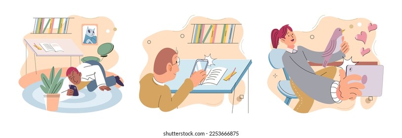 Children at home with phones and tablets set. Kids remote education, toddlers use smart technologies. Kids studying online, surfing social media, playing game, chatting by video call and use internet