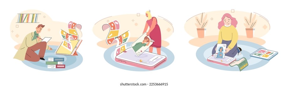 Children at home with phones and tablets set. Kids, toddlers use smart technologies lying in bed before going to sleep. Kids surfing social media, playing game, chatting by video call and use internet