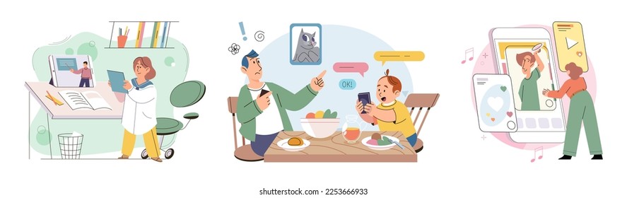 Children at home with phones and tablets set. Kids remote education, toddlers use smart technologies. Kids studying online, surfing social media, playing game, chatting by video call and use internet