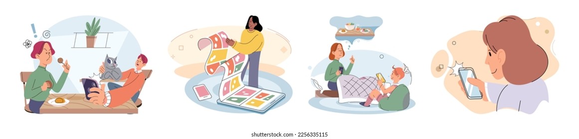 Children at home with phones and tablets set. Kids remote education, toddlers use smart technologies. Kids studying online, surfing social media, playing game, chatting by video call and use internet