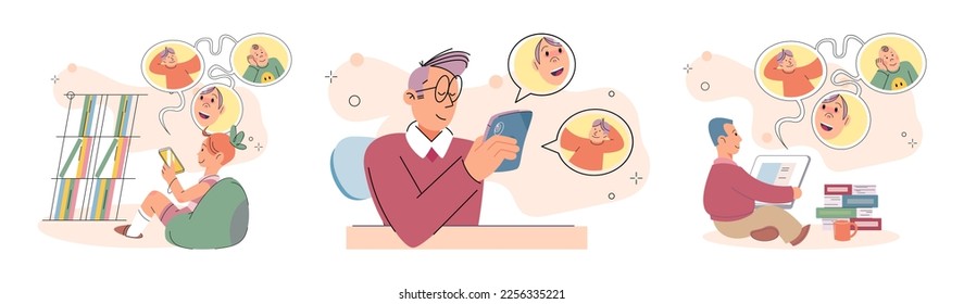 Children at home with phones and tablets set. Kids remote education, toddlers use smart technologies. Kids studying online, surfing social media, playing game, chatting by video call and use internet