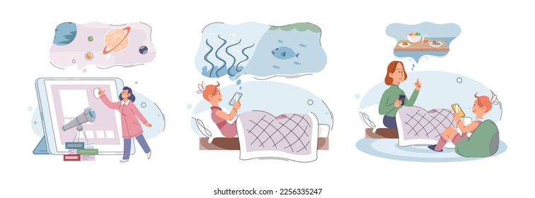Children at home with phones and tablets set. Kids, toddlers use smart technologies lying in bed before going to sleep. Kids surfing social media, playing game, chatting by video call and use internet