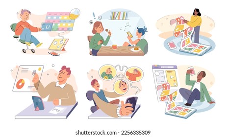 Children at home with phones and tablets set. Kids remote education, toddlers use smart technologies. Kids studying online, surfing social media, playing game, chatting by video call and use internet