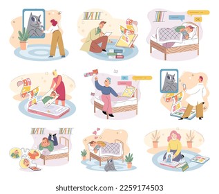 Children at home with phones and tablets set. Kids remote education, toddlers use smart technologies. Kids studying online, surfing social media, playing game, chatting by video call and use internet
