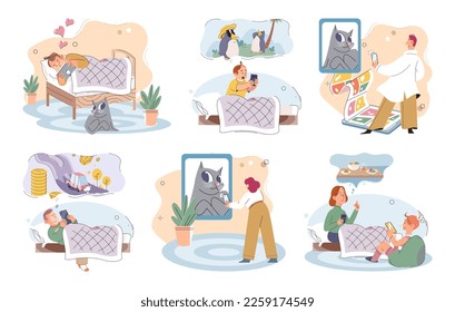 Children at home with phones and tablets set. Kids, toddlers use smart technologies lying in bed before going to sleep. Kids surfing social media, playing game, chatting by video call and use internet